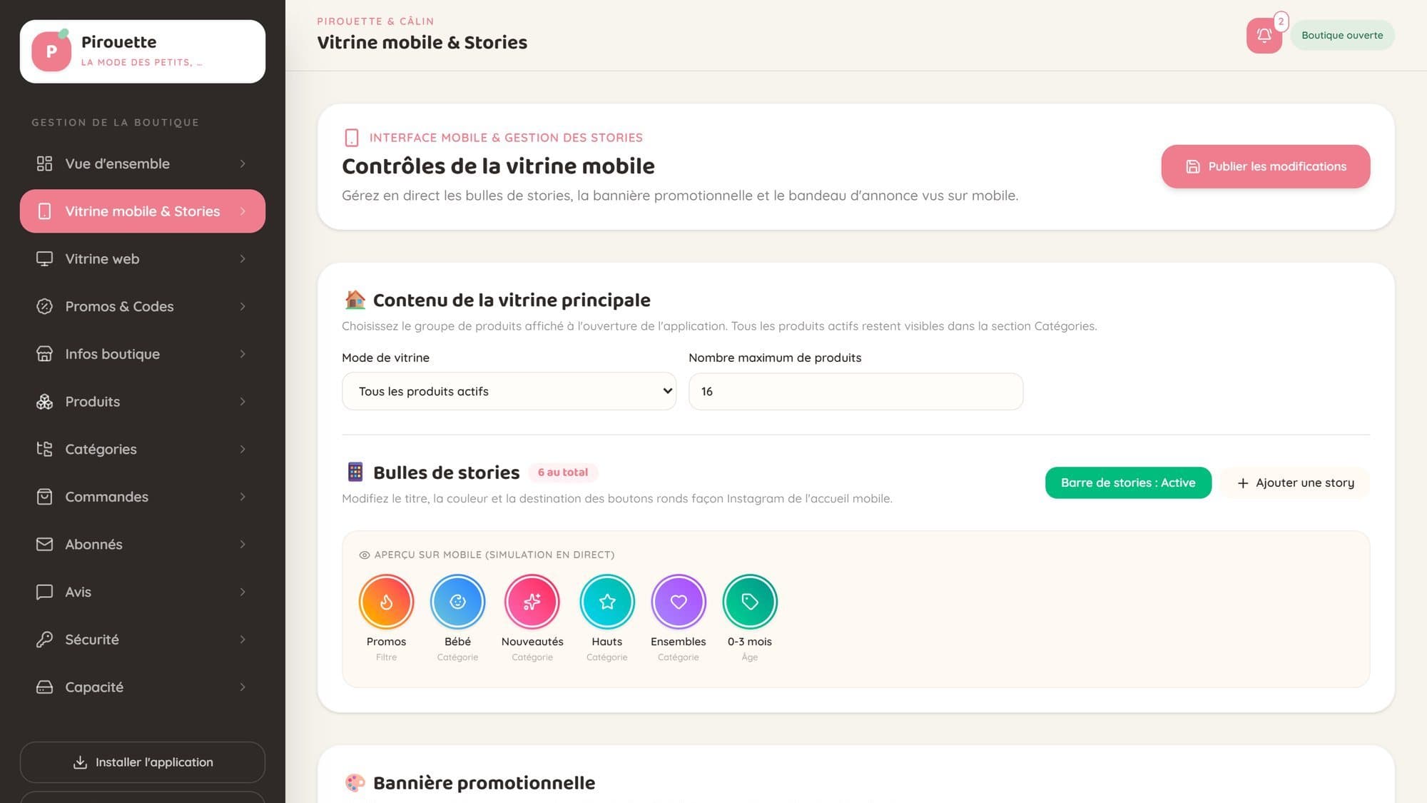 Le panneau règle la vitrine de l’application