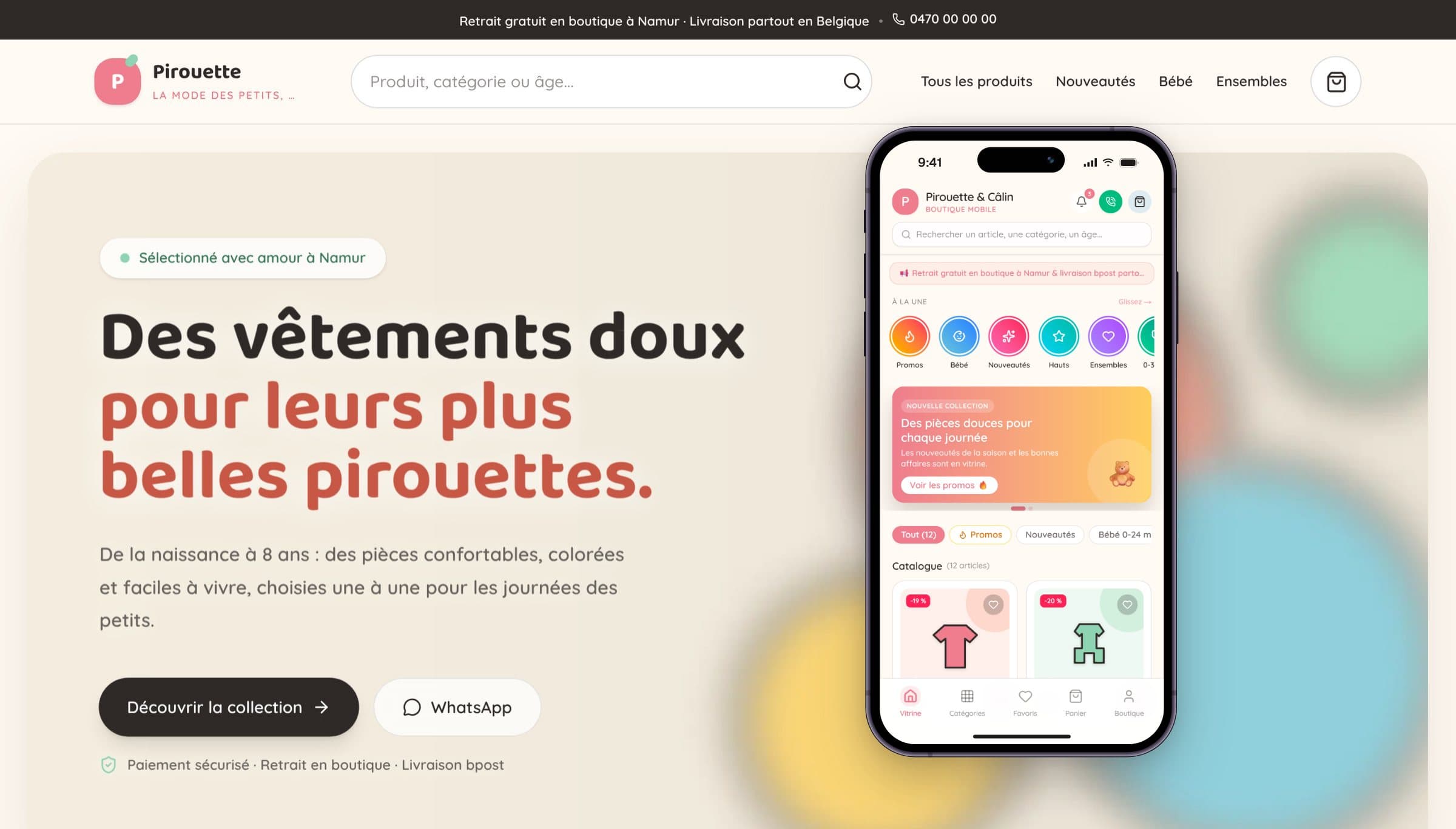La boutique de démonstration Pirouette & Câlin sur ordinateur et son application mobile